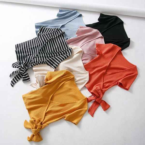 

women tshirt white lace up bow v-neck cross long streamer strap shawl & tees elegant summer kawaii t shirt women