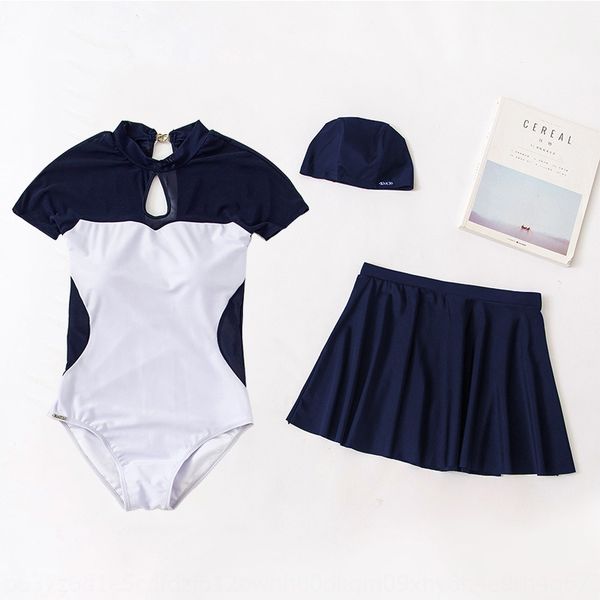 

design chinese style short-sleeved one-piece conservative swimsuit skirt swimsuit women's three-piece chiffon stitching slim, White;black