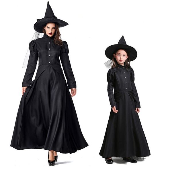 Abito lungo nero Ragazze Donne Costume da strega Halloween Festa di carnevale Cosplay Diavolo Vestito operato da maga per genitore-figlio