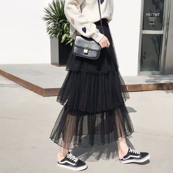 

skirts 2021 spring summer women cake skirt long slim high waist sweet mori girl style mesh fairy mid-length 4 colors, Black