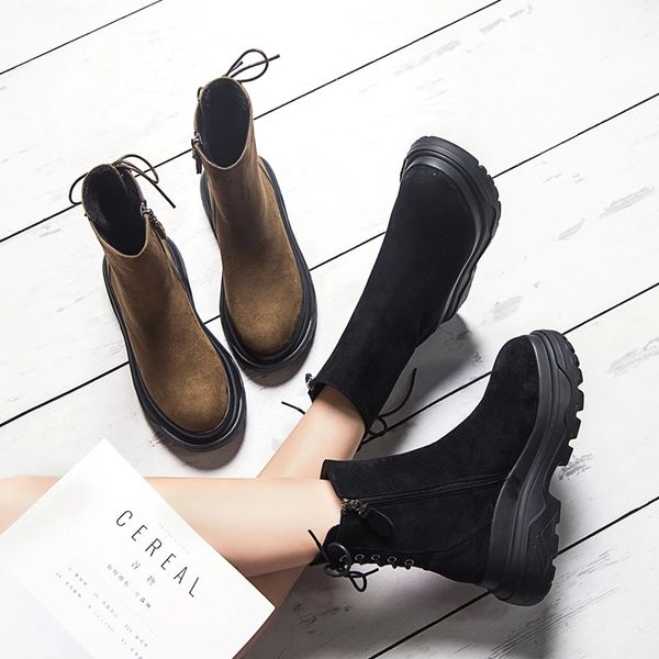 

martin boots woman back lace winter velvet retro snow boots platform female warm winter casual shoes, Black