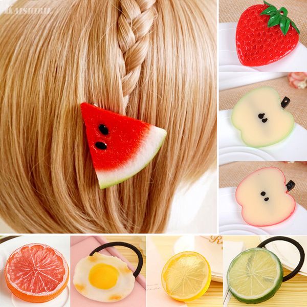 

2019 girls hair accessories fruit scrunchie hair clips for women girls hairpins headdress watermelon lemon barrette ring