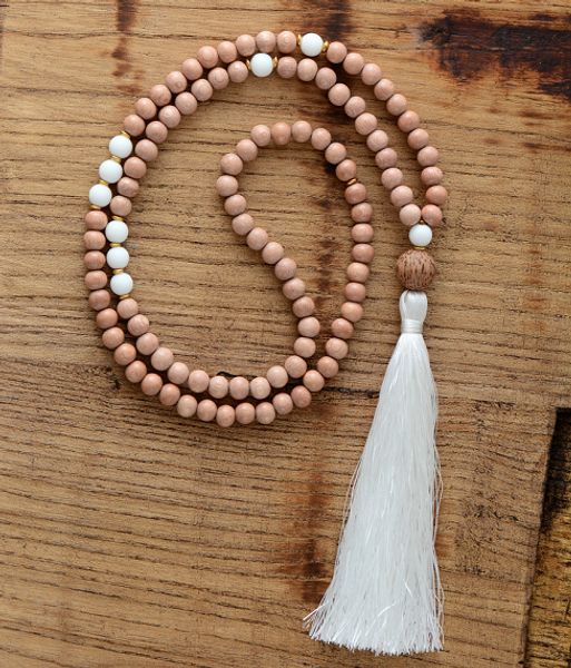 

108 beads meditation mala necklace 8mm wood beads white stone long tassel necklace women lariat dropshipping, Silver
