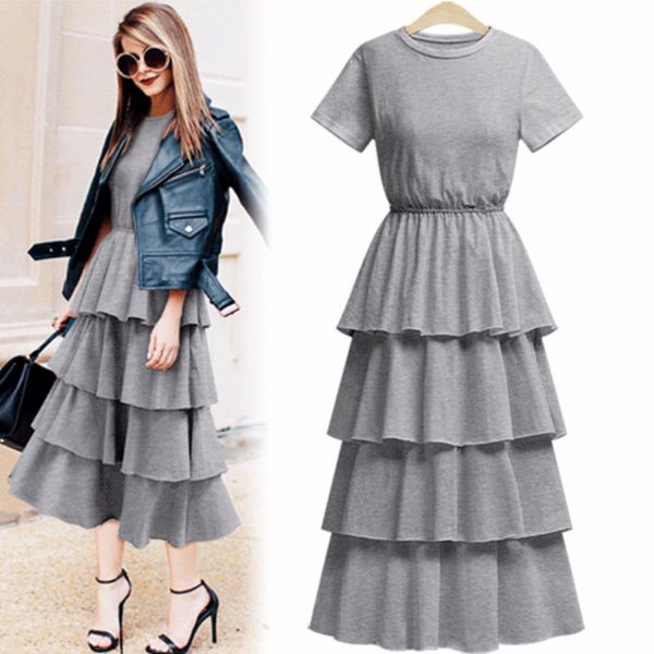 

wholesale-europe fashion runway cotton dress designers 2018 summer cascading ruffle elegant dress long women casual cute t shirt, Black;gray