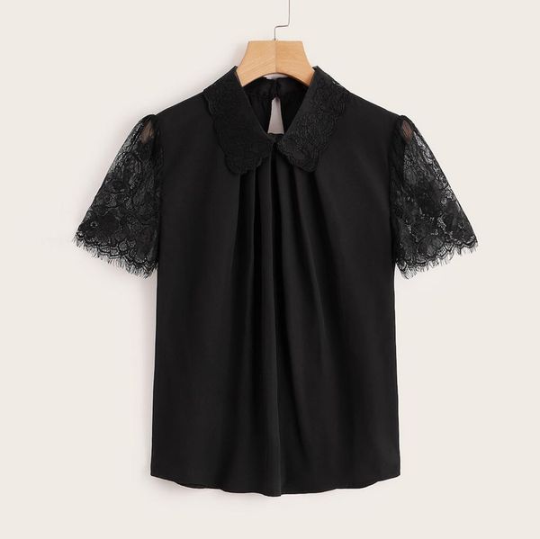 

women short sleeve blouses ladies summer lace stitching lapel work solid color loose chiffon blouses clothing, Black;blue