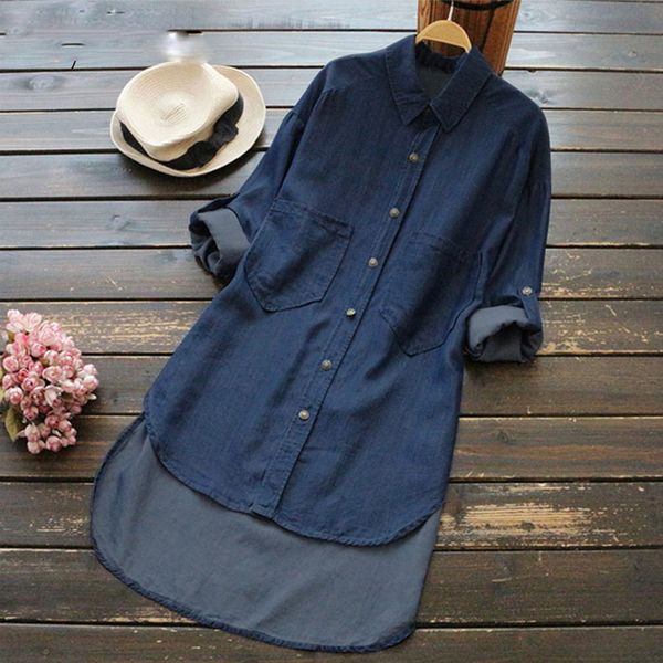 

designer women blouse 4xl 5xl big size denim shirt women irregular hem length buttons long sleeve autumn stone wash jean blouse, White