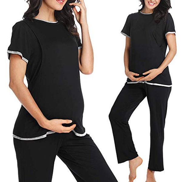 

women maternity nursing short sleeve solid set suit pregnancy pants new arrival 2019, White