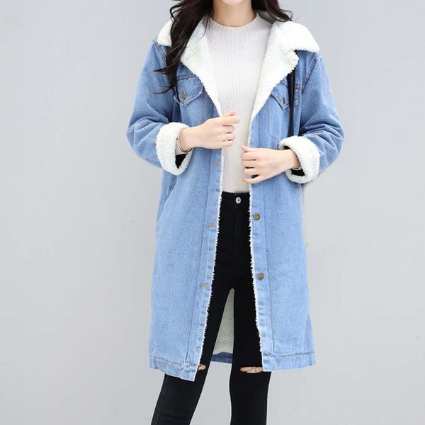 

2019 warm jackets woman plus size winter blue jean jacket thicken warm fleece denim coat punk long outwear denim jacket outwear, Black
