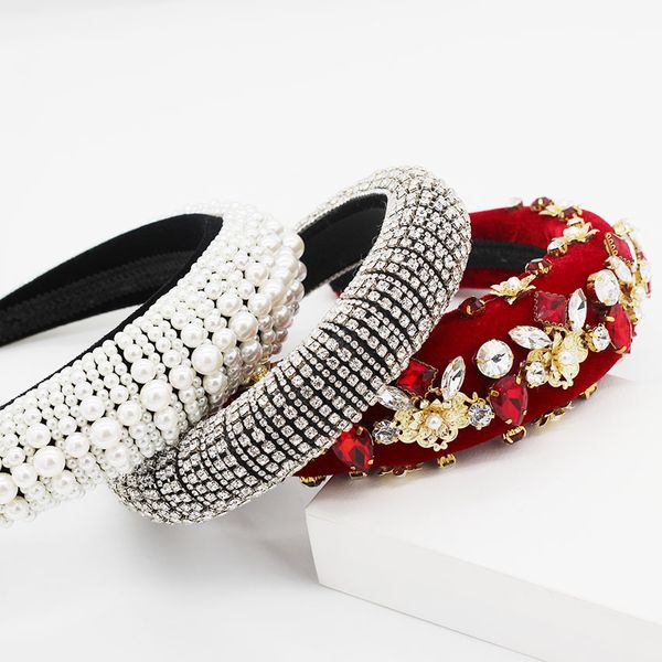 

new european and american baroque heavy industry fashion wild rhinestone pearl metal flower temperament luxury headband 885, Golden;white