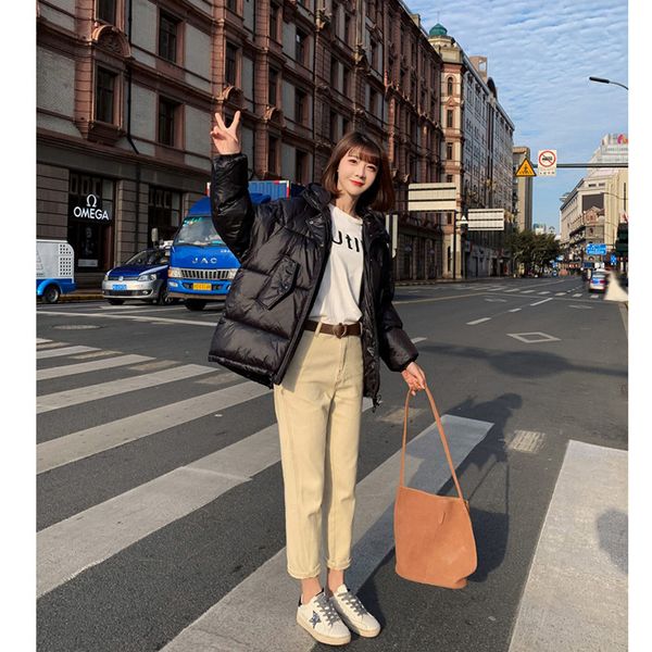 

jackets fashion solid color hooded coat in winter womens new tide loose light thin bright down coat 4 colors quality, Black