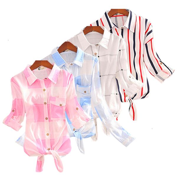 

women summer blouse cotton 100% women short 4 blouse summer shirts plaid tunic female striped harajuku ladies fashion, White