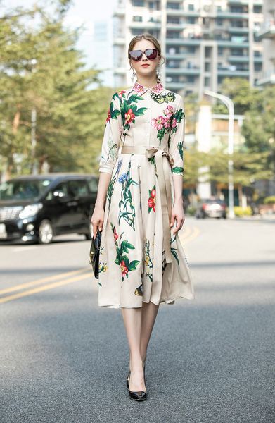 

sale christmas ins wholesale runway new hign-end lapel neck 3/4 sleeves panelled print floral pocket sashes party dresses, White;black