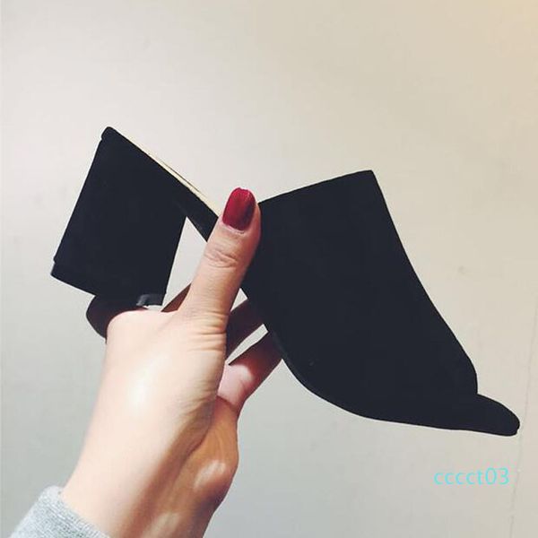 

твердые мулы высокие каблуки suede изготовление наружной тапочки женщин вскользь открытый носок обуви женщина 2019 новая площадь каблука лет, Black