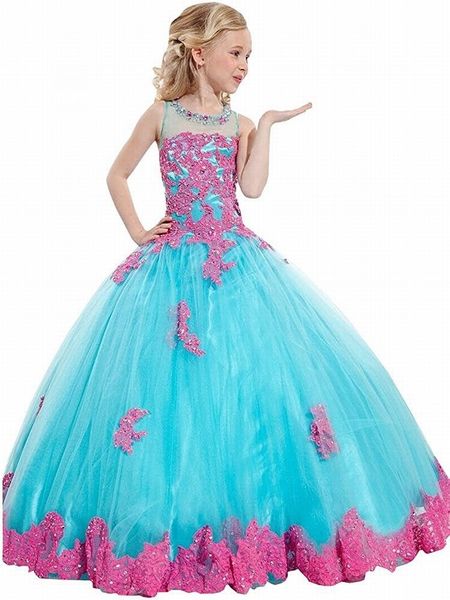 Nova Princesa Flower Girl Vestidos Apliques Vestido de Bola Adorável Menina Prom Festa Pageant Meninas Vestido YTZ