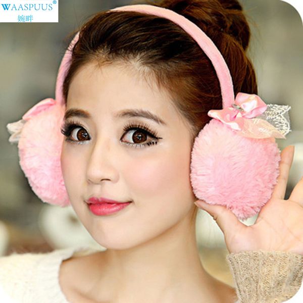 

sale waaspuus fashion ear cover lace bow earmuffs new plush ear warmer autumn and winter fashion warm muffs, Blue;gray