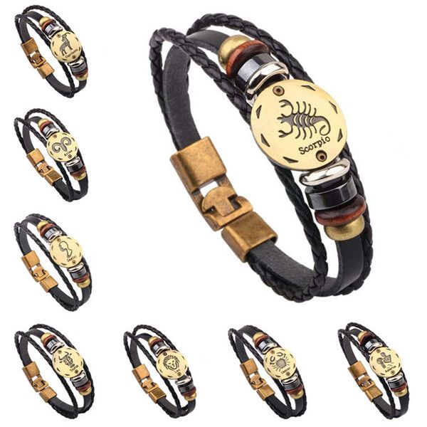

new twelve constellation leather braided bracelet alloy buckle bracelet dhb029 id, identification jewelry bracelet, Black