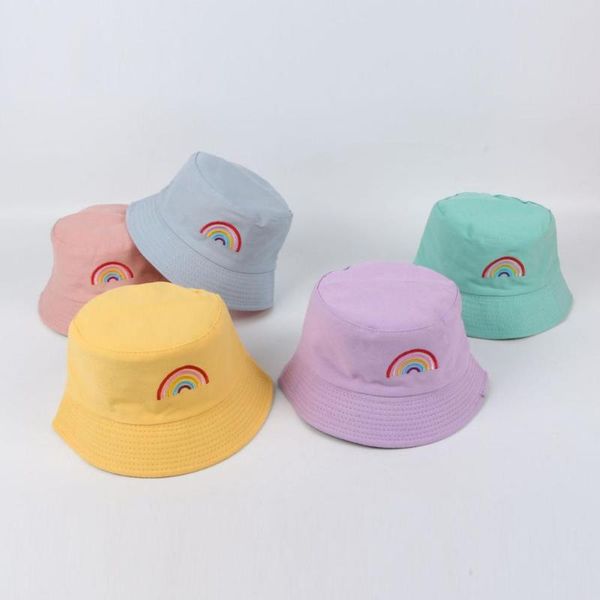 

spring summer boys girls rainbow embroidery reversible caps kids cute double-faced sunhat children bucket hat, Yellow