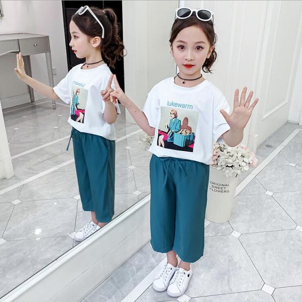 

girls' sports suit 2020 summer style fashion printed children's suit size 110-160cm kids clothing, White