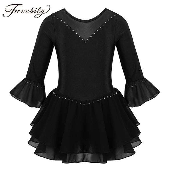 

kids teens shiny flare sleeves splice rhinestone figure skating dress girl ballet gymnastics leotard competition dance costume, Black;red