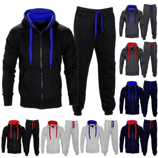 

2018 new men's tracksuits 2 piece set spring autumn zipper hooded jacket sweat pants sports men jumpsuit sweatshirt running set, Black;blue