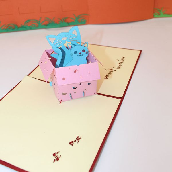 

cartoon cat happy birthday gift box greeting cards laser cut handmade kirigami origami postcard