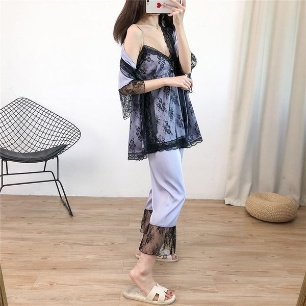 

three-piece pajamas women spring and autumn ice silk section long-sleeved sling lace home service sleepwear suit women, Black;red