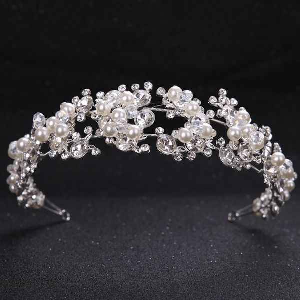 

tuanming crystal pearl flower bride headbands women silver princess wedding hair jewelry tiara hairbands hair accessories crown, Golden;white