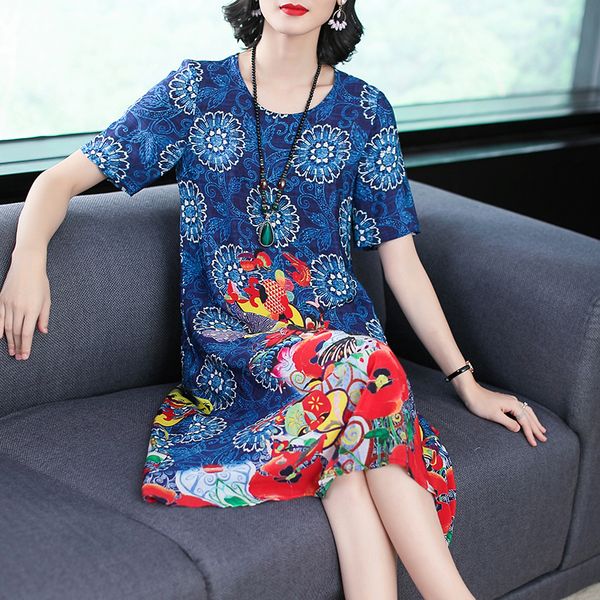 

s-3xl luxury elegant blue dress fashion vintage dresses loose printing mid-calf dresses 2018 summer new plus size vestidos, Black;gray