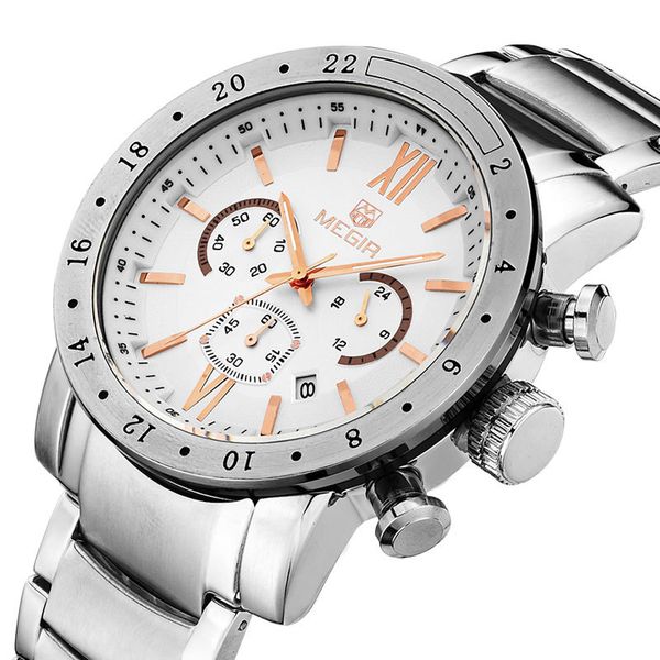 

megir stainless steel luminous men's watches business army quartz-watch male 30m waterproof wristwatch, Slivery;brown