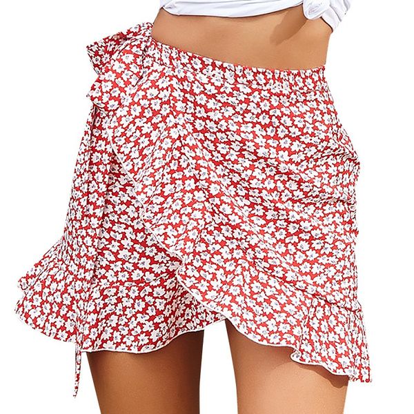 

mini skirts women summer ruffle high waist bow tie skirt print skirts, Black