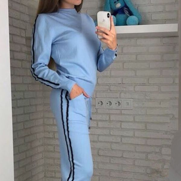 

women knitted suit tracksuit o-neck pullover striped sweater set trousers knitwear suit casual two piece survetement femme 2019, White