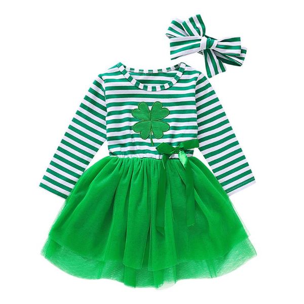 

toddler girls clothes my st.patrick's day infant baby clothing fashion stripe clover print tulle princess dress+headband outfits, White