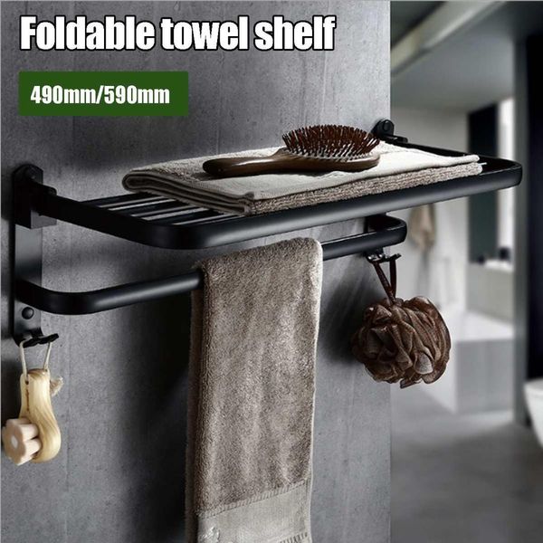 

xueqin 490/590mm black alumimum foldable towel holder towel shelf wall mounted bathroom rack storage hanger shelf