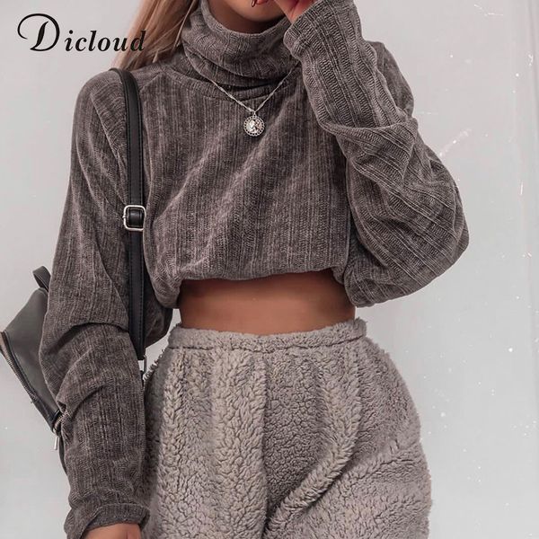 

dicloud casual turtleneck corduroy crop sweatshirt women gray long sleeve pullover winter spring fashion ladies top, Black