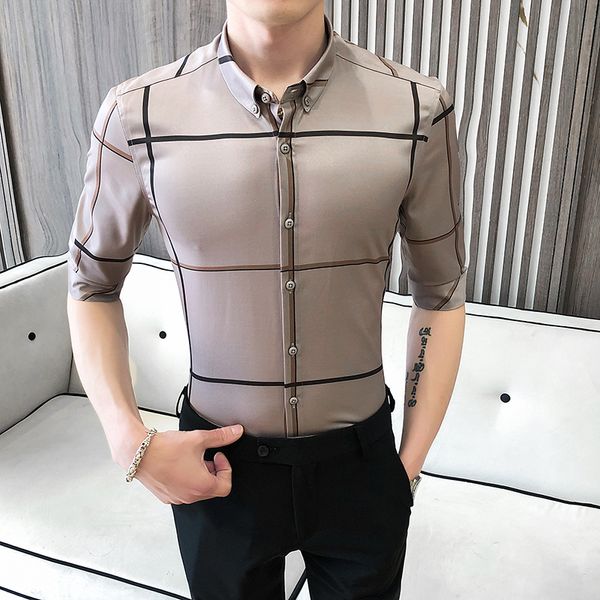 

plaid shirt men fashion 2020 summer half sleeve men's social shirts slim fit casual mens dress shirts formal wear, White;black