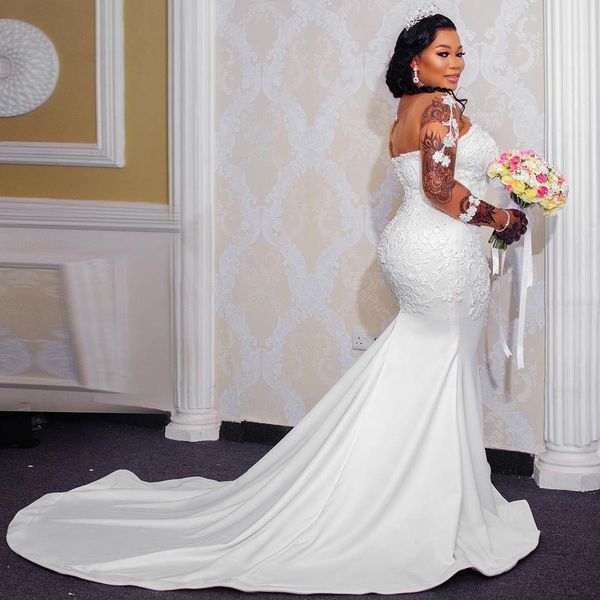 

2020 new plus size mermaid wedding dresses long sleeve wedding gown lace applique hochzeitskleider vintage wedding dress bridal gown, White