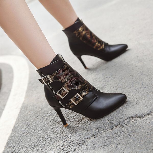 

sarairis fashion plus size 31-48 add fur winter shoes woman boots thin high heels party pointed toe ankle boots women shoes, Black