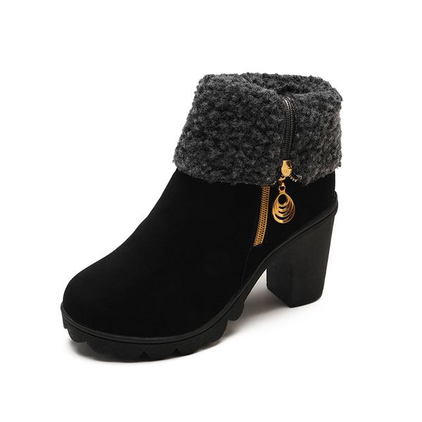 

woman winter booots 2019 fashion high heel lace-up flock ankle boots zipper martins casual hairy side boots warm shoes for woman, Black
