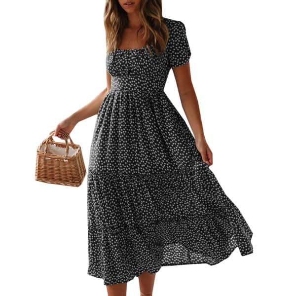 

vicabo women dress long boho printed puff short sleeve vintage casual beach party dress ladies summer dresses 2020, Black;gray