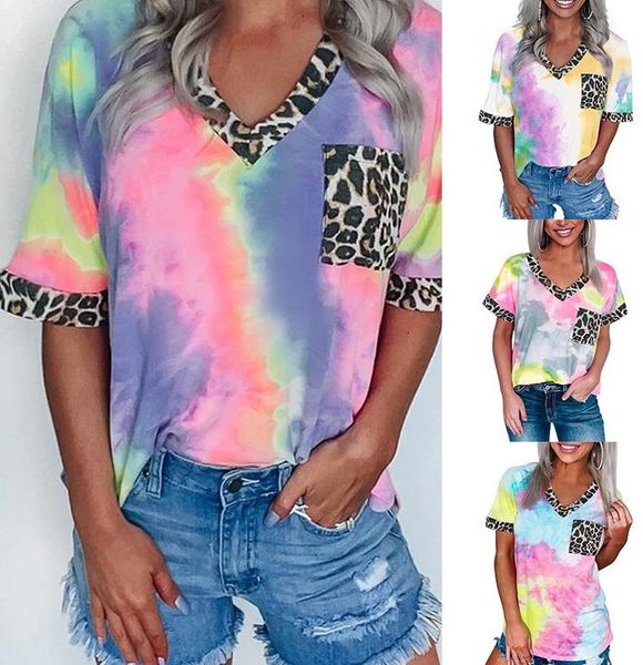 

women blouses clothes tie-dye printed rainbow gradient leopard loose shirt short sleeve casual fashion tees sale cz0609, White