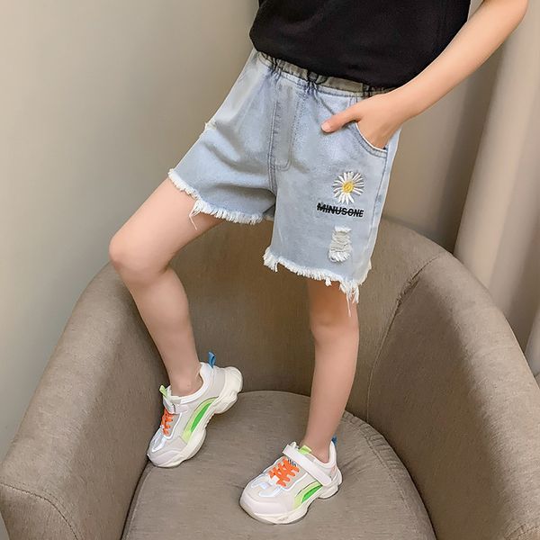 

jeans children short pants ripped for teen girls blue embroidery daisy flower denim shorts teenage clothing 10 to 12 13 14 years