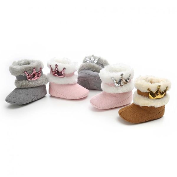 

newborn infant baby girls winter warm crown fur mid-calf length slip-on furry boots 0-18m cute plush tall warm cotton snow boot, Black;grey