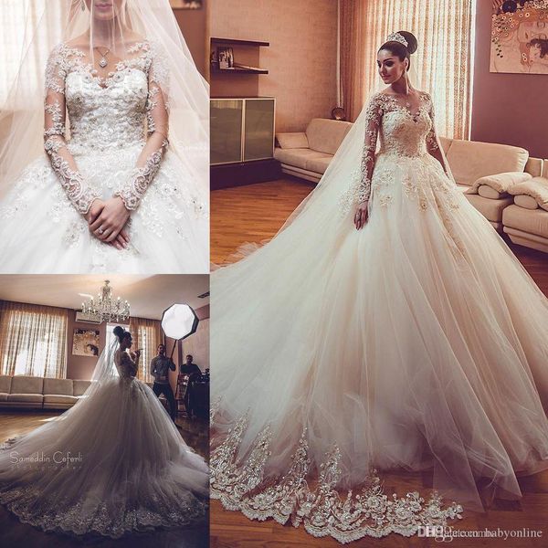 

2020 vestios de novia урожай с длинным рукавом кружева свадебные платья v шеи аппликации бисер элегантные свадебные платья с поезда суда ba9, White