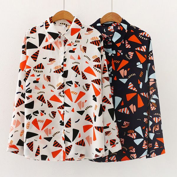 

women vintage patchwork print shirt long sleeve autumn chic blouses business casual retro female fall clothes, White