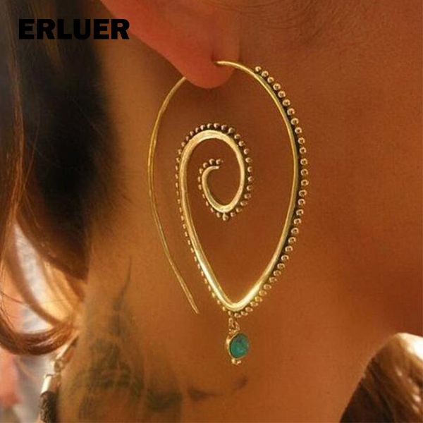 

erluer fashion ethnic jewelry swirl hoop earring women brincos 2 color geometric earrings steampunk party jewelry accessories, Golden;silver