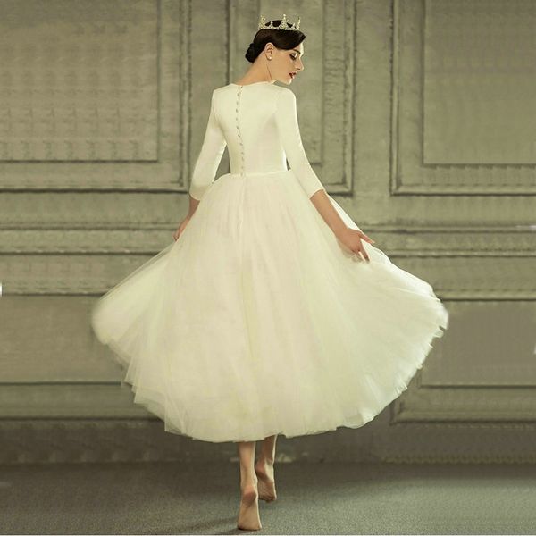 

винтаж 50-х годов туту свадебное платье 3/4 рукава необычные тюль длина чая короткие свадебные платья vestido de noiva customize plus size, White