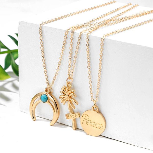 

boho multilayer coconut tree crescent peace faux jewelry pendant necklace, Silver