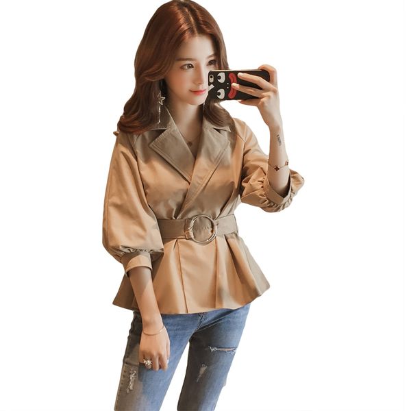 

elegant women spring autumn short trench coat 2019 new fashion belt match cloak polerones mujer windbreaker female abrigo cm245, Tan;black