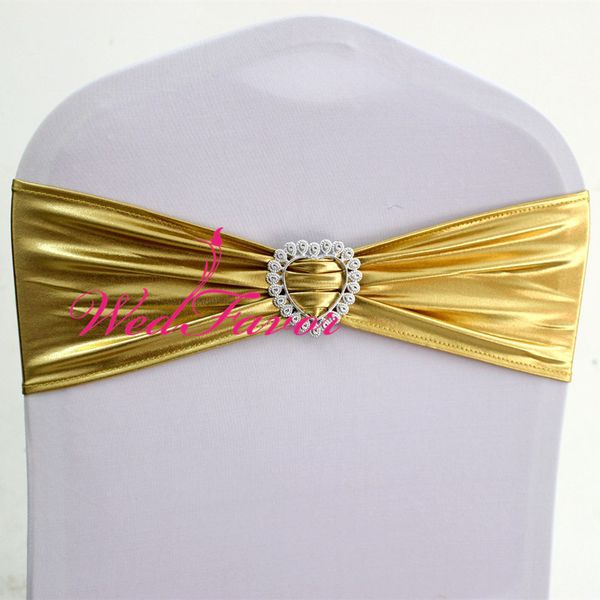 

100pcs shiny bronzing elastic lycra chair bow sash metallic gold spandex stretch chair band with heart buckle for wedding event