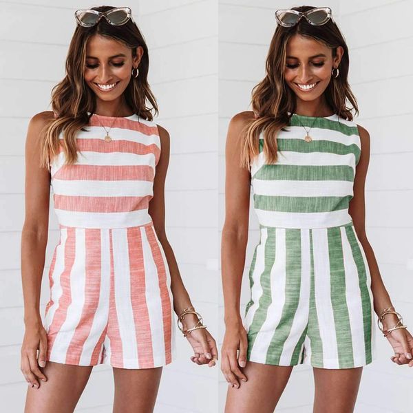 

2019 summer new fashion print striped women's jumpsuit beach style o-neck sleeveless jumpsuit, Black;white